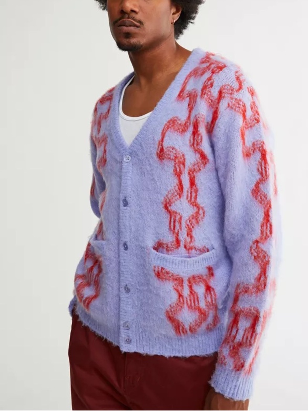 Obey Lilac Cardigan Sweater with Red Abstract Pattern